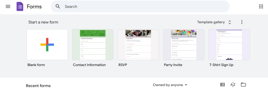 List of default Google Forms list